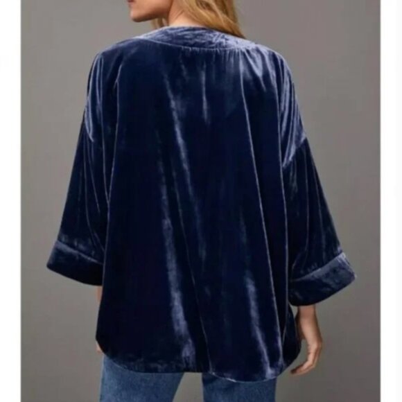 By Anthropologie Esme Blue Velvet Kimono Jacket Loose Fit Open Front Size Medium - Picture 4 of 11
